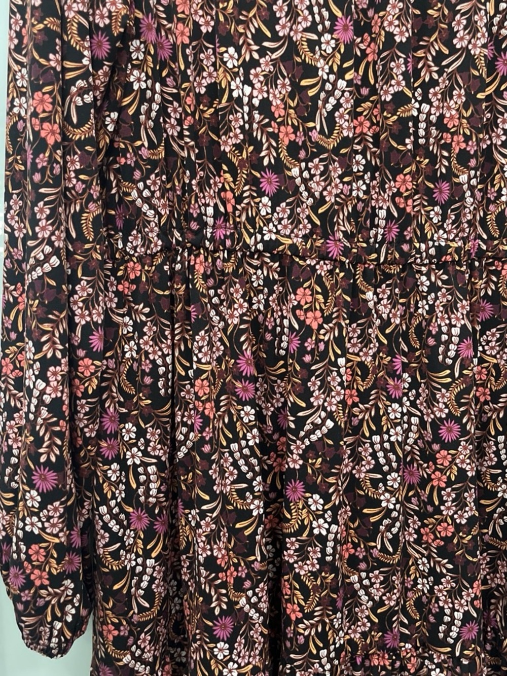 Leota Black Floral Smocked-Neck Long Sleeve Dress, Size 2X - Picture 2 of 5